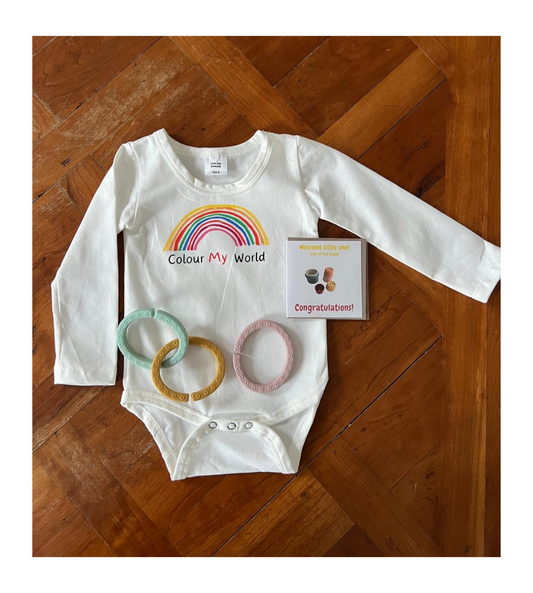 Baby Gift Set - Original Bloumis Designs Artwork Long Sleeve Romper and Set of 3 Teether Link Rings