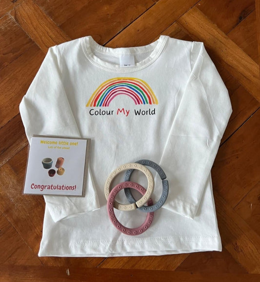 Baby Gift Set - Long Sleeve Tee Shirt & Set of 3 Teether Link Rings & FREE Gift Card